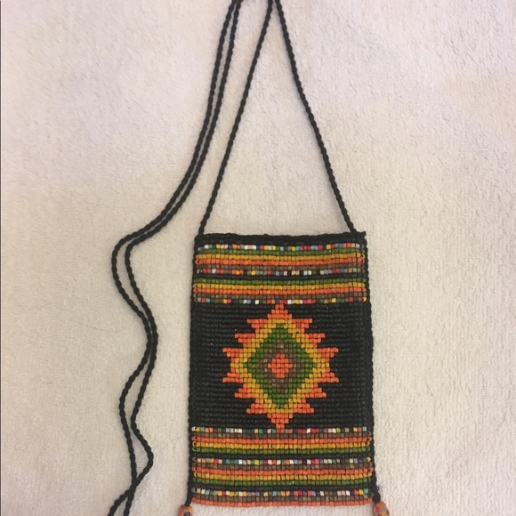 Hand-dyed beads Boho Beaded Purse Satchel Bag Pattern Black Gold diamond 70s - Picture 8 of 9